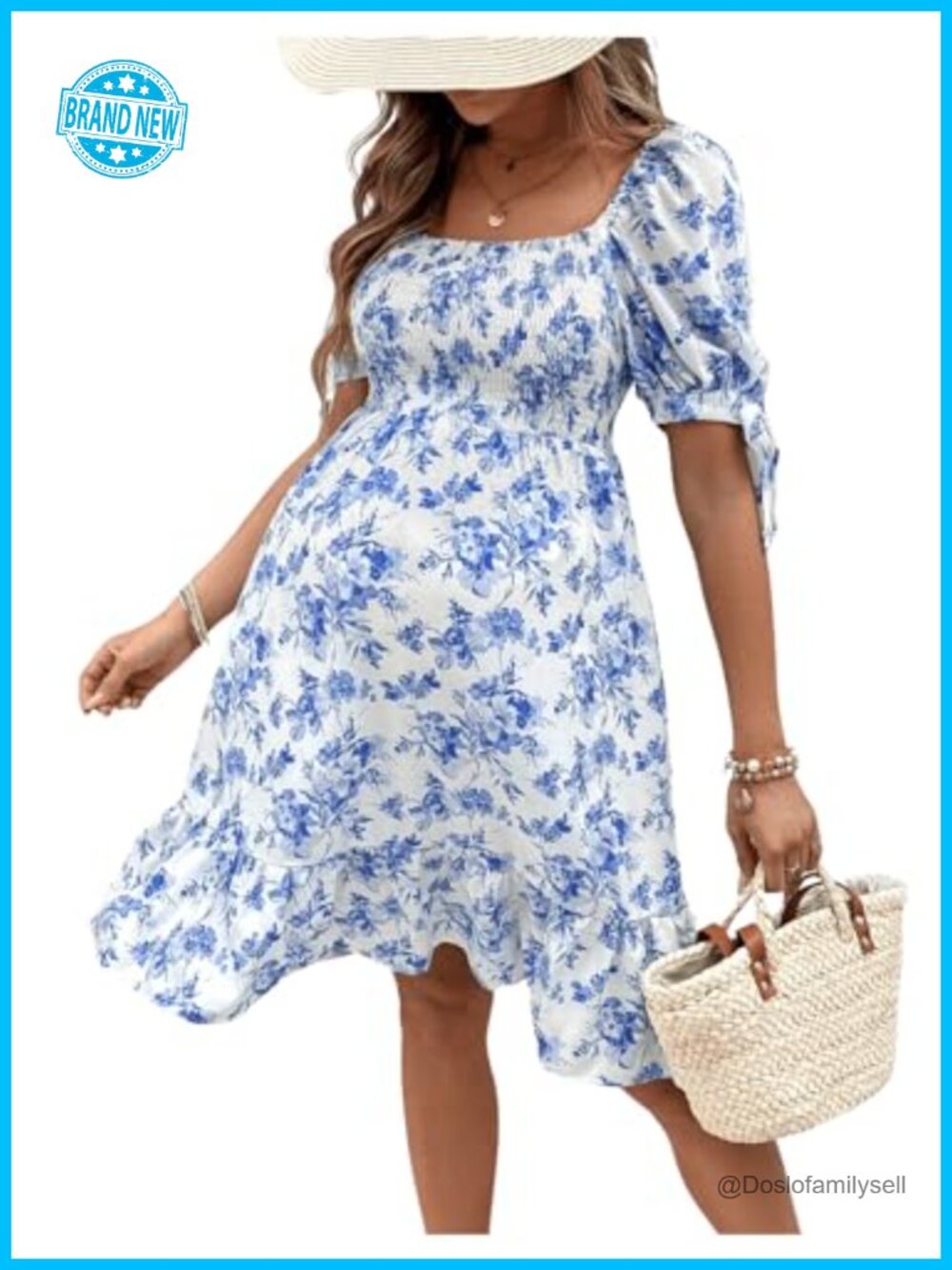 Maternity Floral Mini Dress Short Puff Sleeve Square Neck Baby Shower